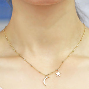 14K Gold Moon and Star Choker with Beads, 16"