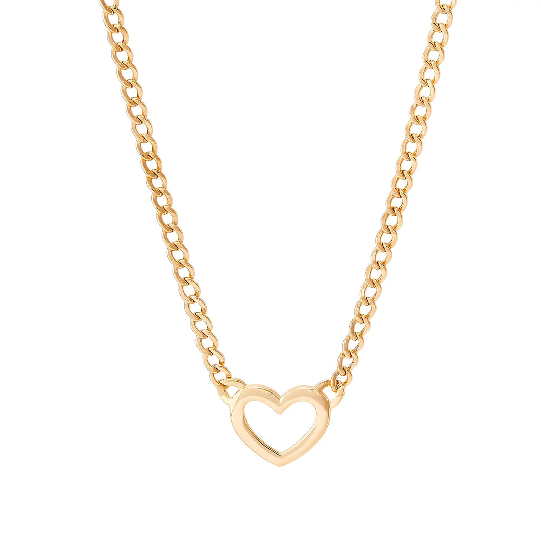 14 Karat Yellow Gold Heart Curb Chain Necklace, 16”-18”